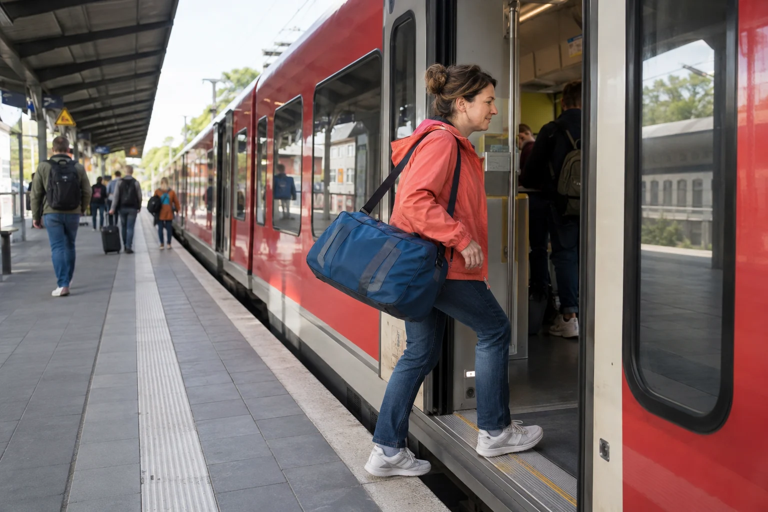 Eine Frau steigt mit einer Reisetasche in einen Zug.