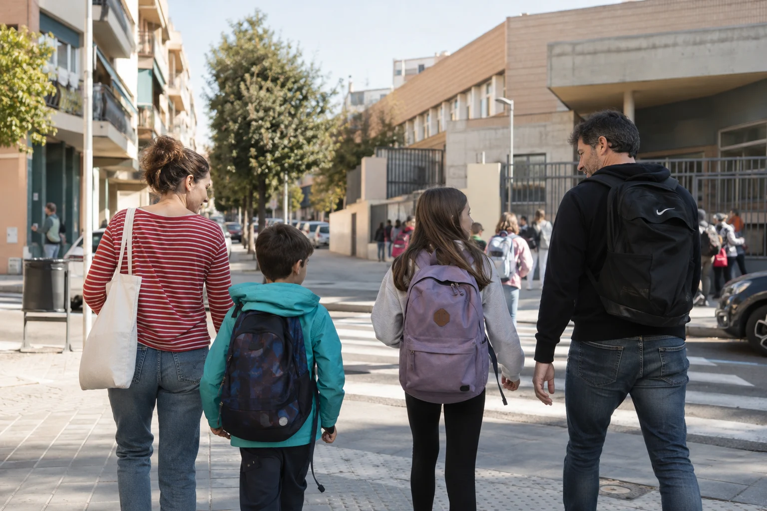 Eine Familie erkundet ein spanisches Wohnviertel.