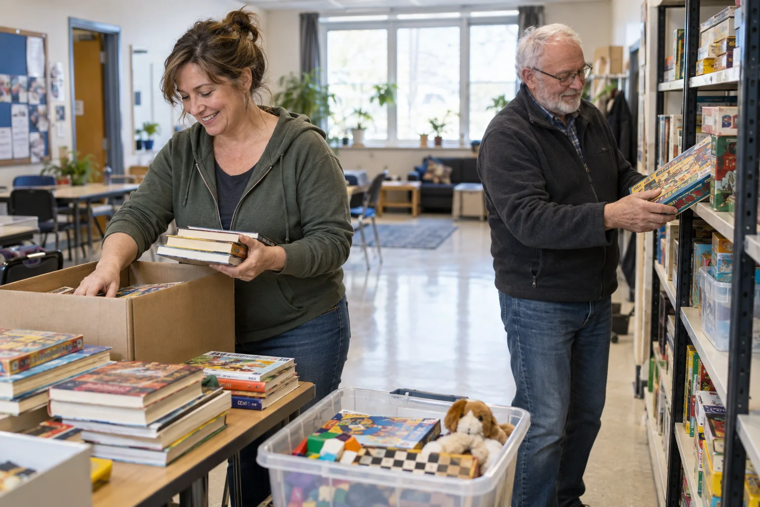 Zwei Erwachsene sortieren Bücher und Spiele in einem Gemeinschaftsraum.