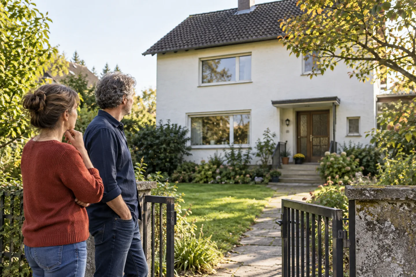 Zwei Erwachsene betrachten ein älteres Einfamilienhaus vom Garten aus.
