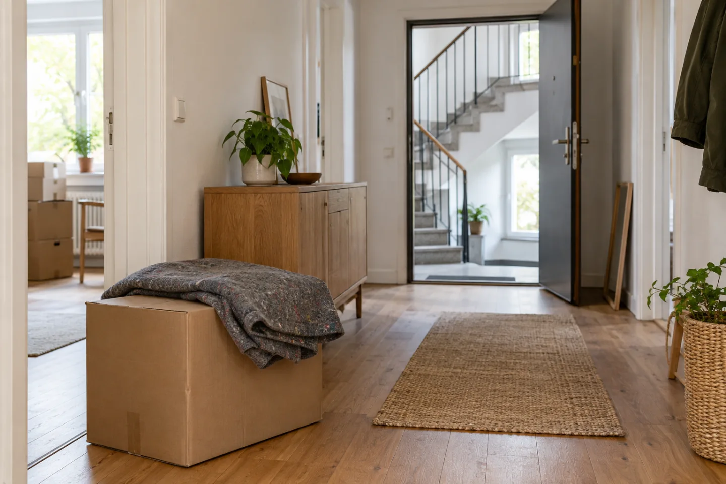 Umzugskarton und Decke in einem hellen Wohnungsflur mit offener Tür zum Treppenhaus.