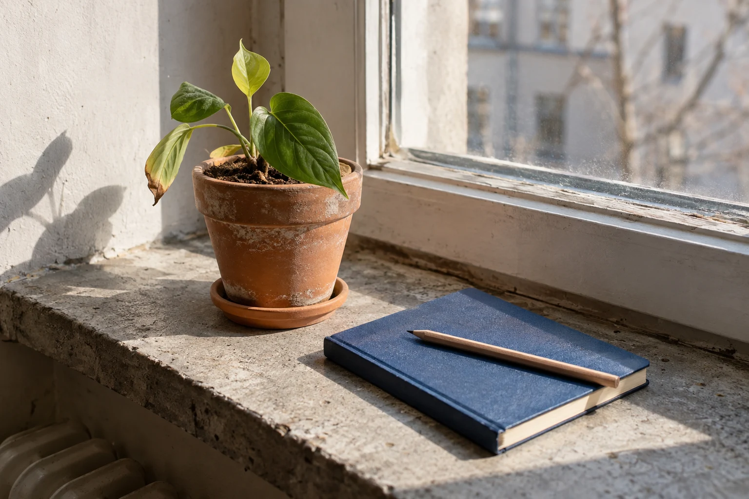 Ein junges Pflanzenblatt und ein Notizbuch im Morgenlicht.