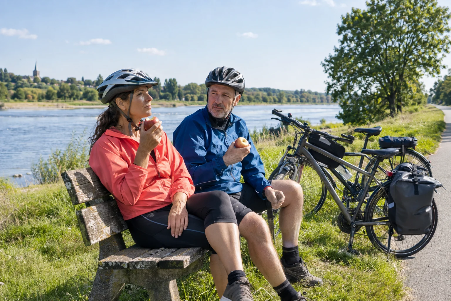 Zwei Radreisende machen an einem Fluss eine Pause.