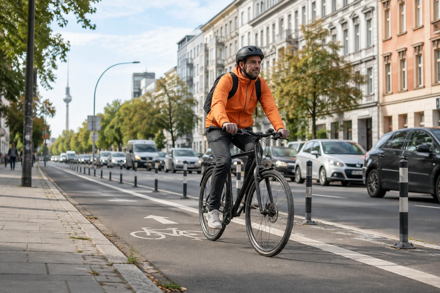 Ein Radfahrer fährt auf einem geschützten städtischen Radweg.