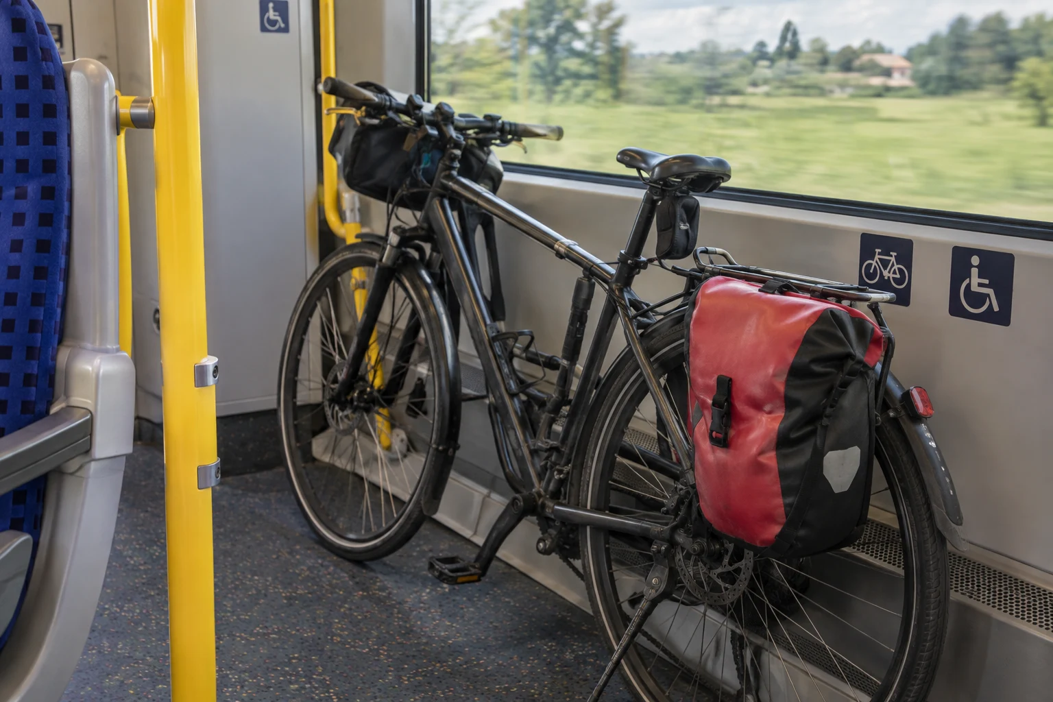 Ein Reiserad steht gesichert im Fahrradbereich eines Zuges.