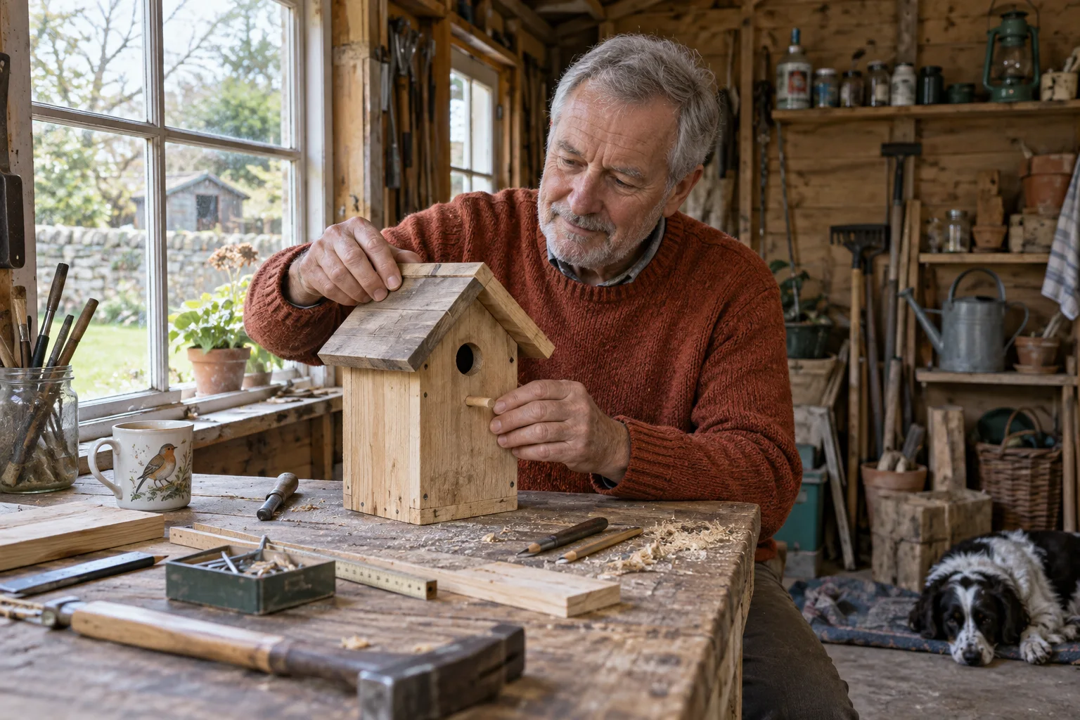 Ein älterer Mann baut in einer hellen Werkstatt ein Vogelhaus.