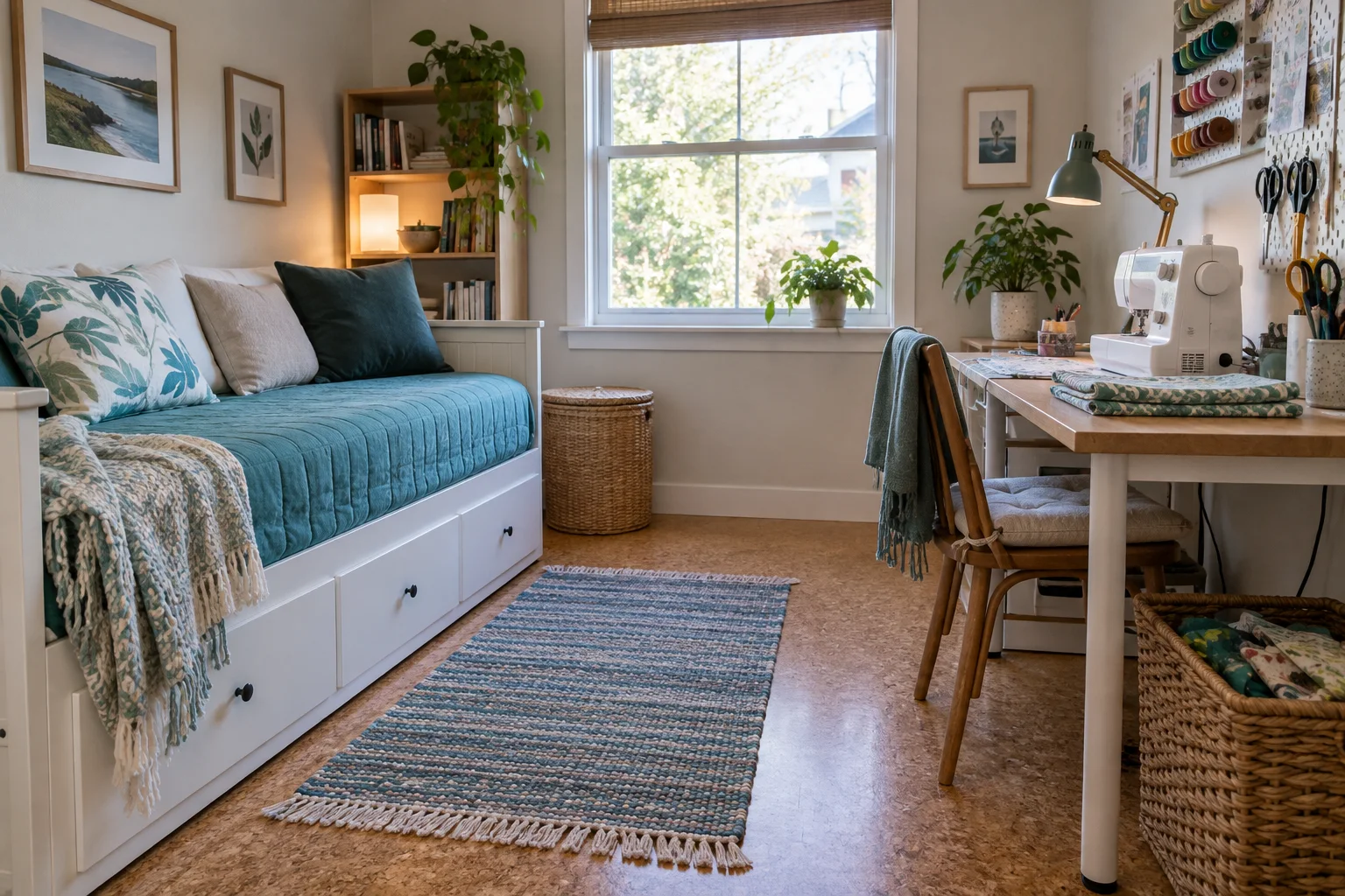 Ein kleines Zimmer mit Tagesbett, blauer Bettwäsche und einem Nähtisch.