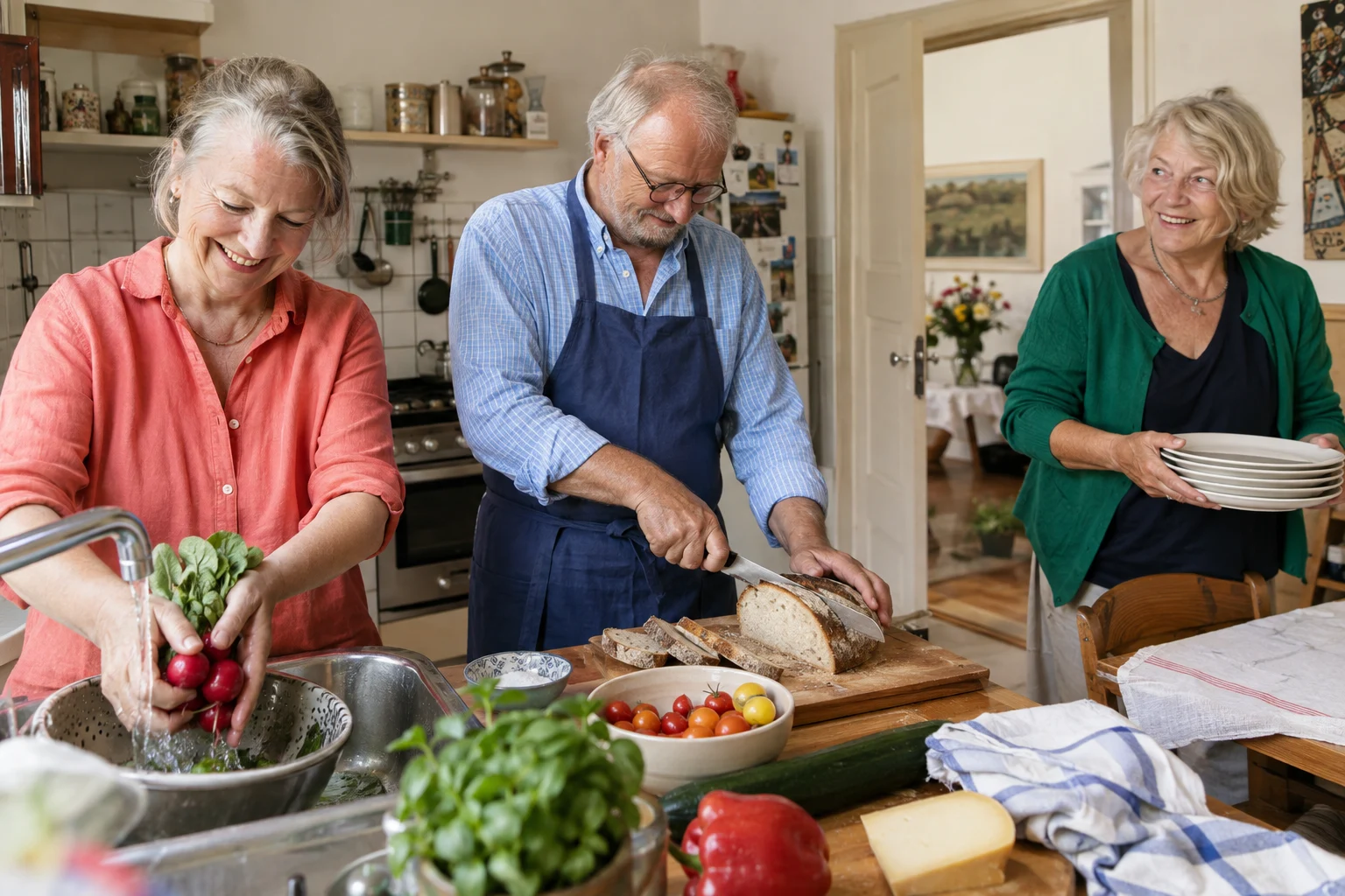 Ältere Freunde kochen in einer gemeinsam genutzten Küche.