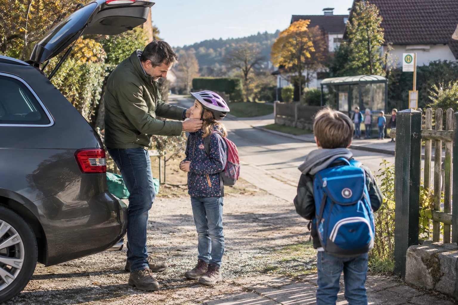 Eine Familie organisiert die Wege vor ihrem Haus auf dem Land.