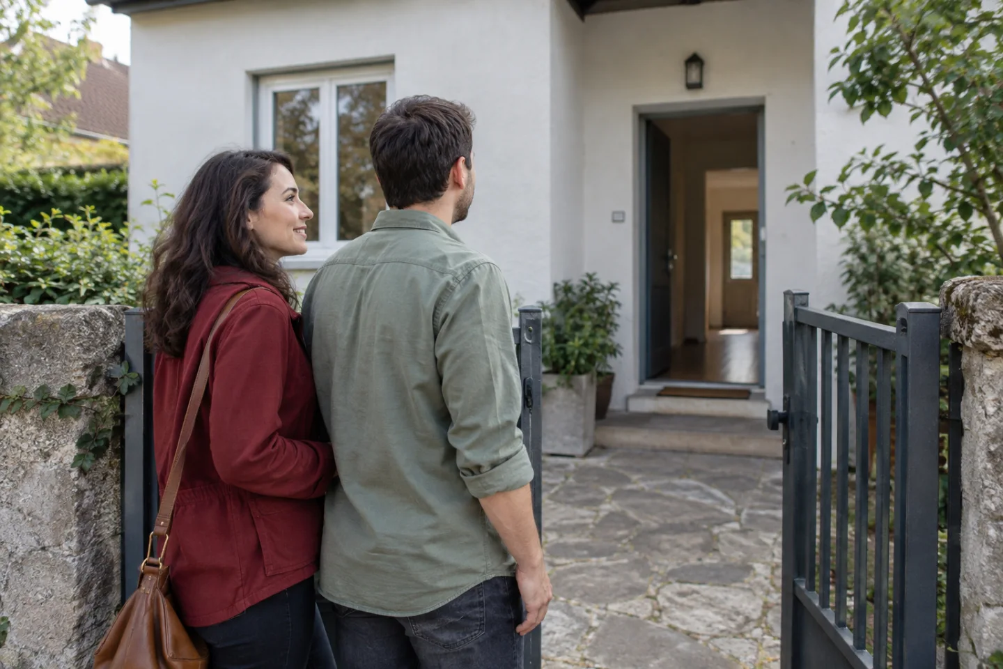 Ein Paar steht vor dem geöffneten Gartentor eines schlichten Einfamilienhauses.