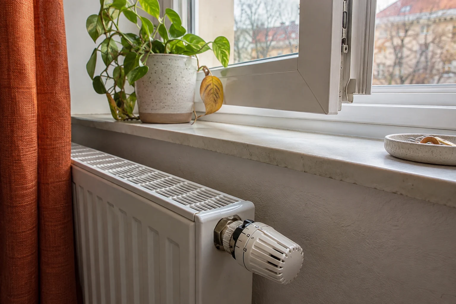 Ein Heizkörperthermostat neben einem Vorhang und einem offenen Fenster.