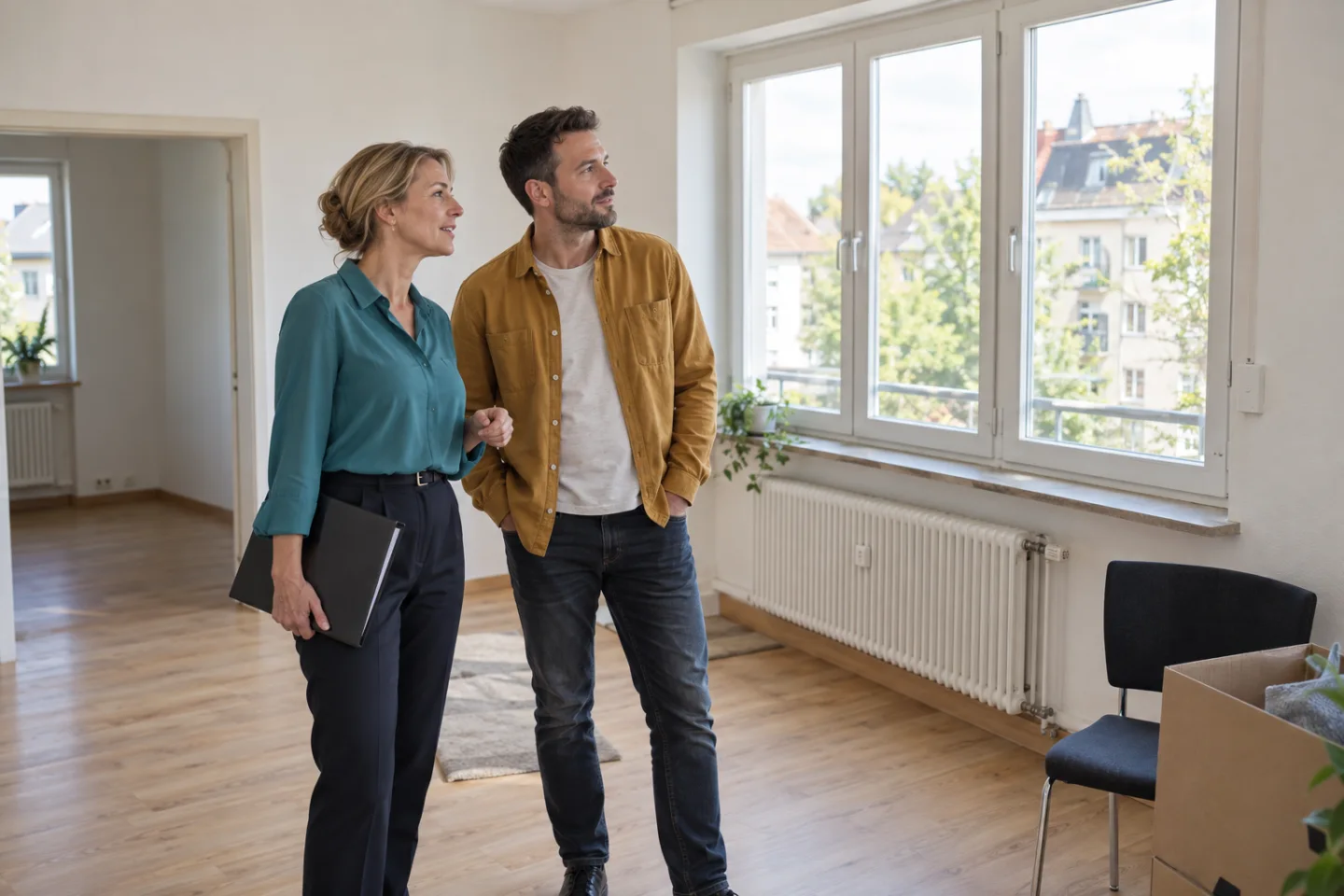 Eine Frau mit einer Unterlagenmappe und ein Mann besichtigen eine helle, weitgehend leere Wohnung.