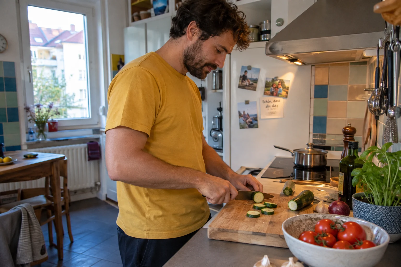 Ein Mann bereitet in einer kleinen Küche ein einfaches Abendessen zu.
