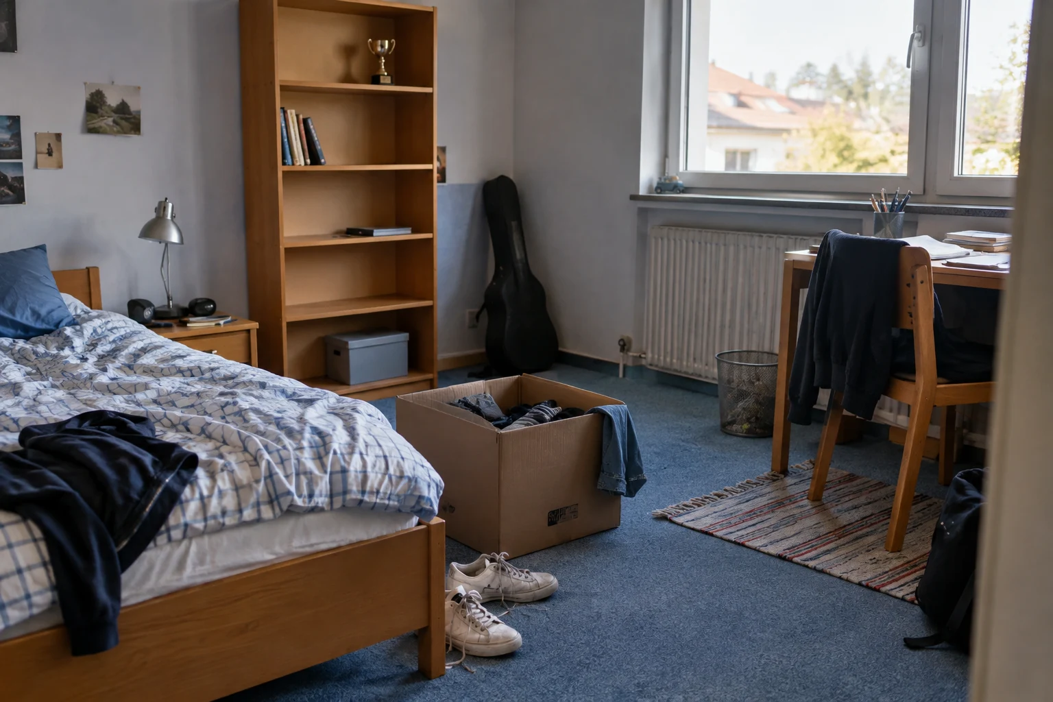 Ein ehemaliges Kinderzimmer mit leerem Regal und verbliebenen Erinnerungsstücken.