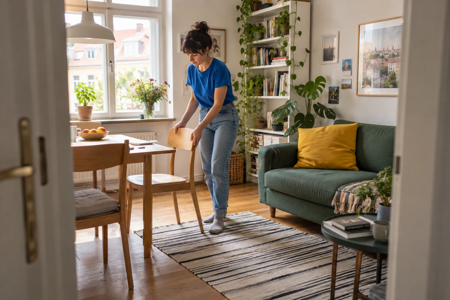 Eine Frau rückt einen Stuhl in einer kleinen, hellen Wohnung zurecht.