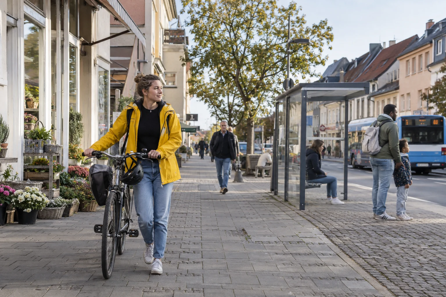 Eine Frau erkundet eine kleinere deutsche Stadt mit dem Fahrrad.