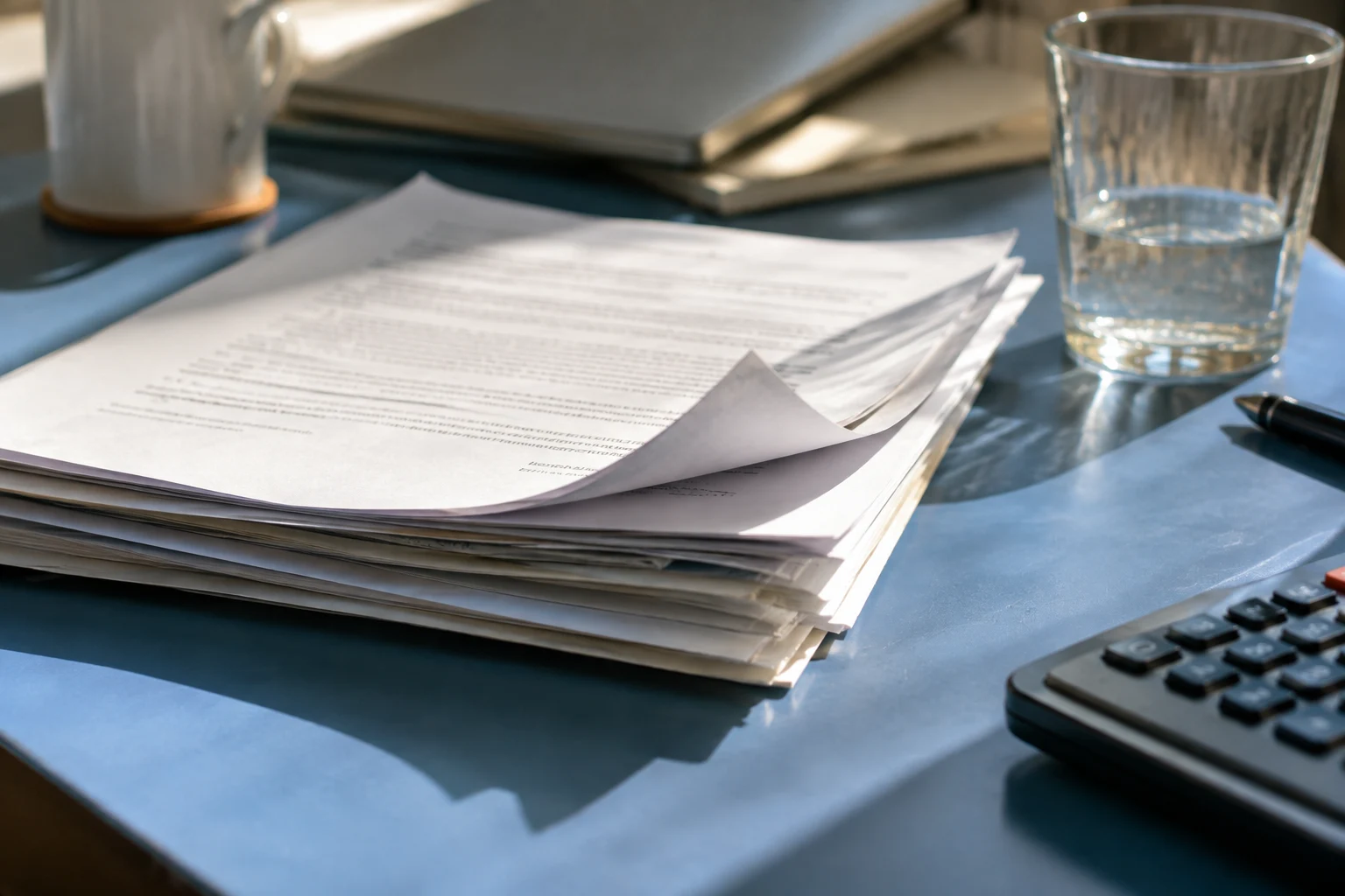 Vertragsseiten werfen gestaffelte Schatten auf einen Schreibtisch.