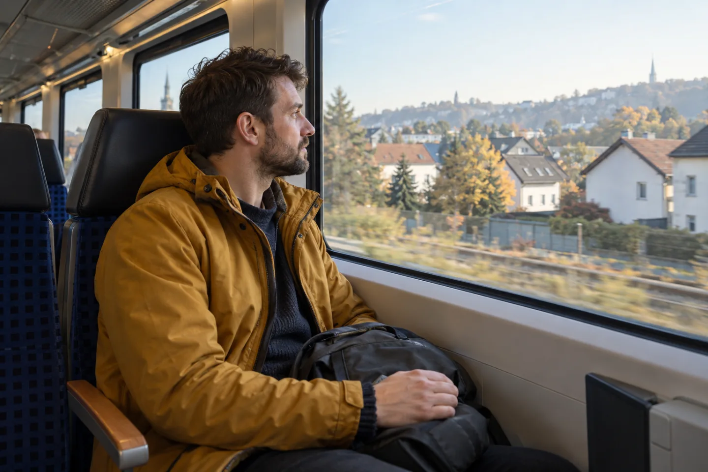 Ein Mann mit gelber Jacke und Rucksack sitzt im Regionalzug und schaut aus dem Fenster.