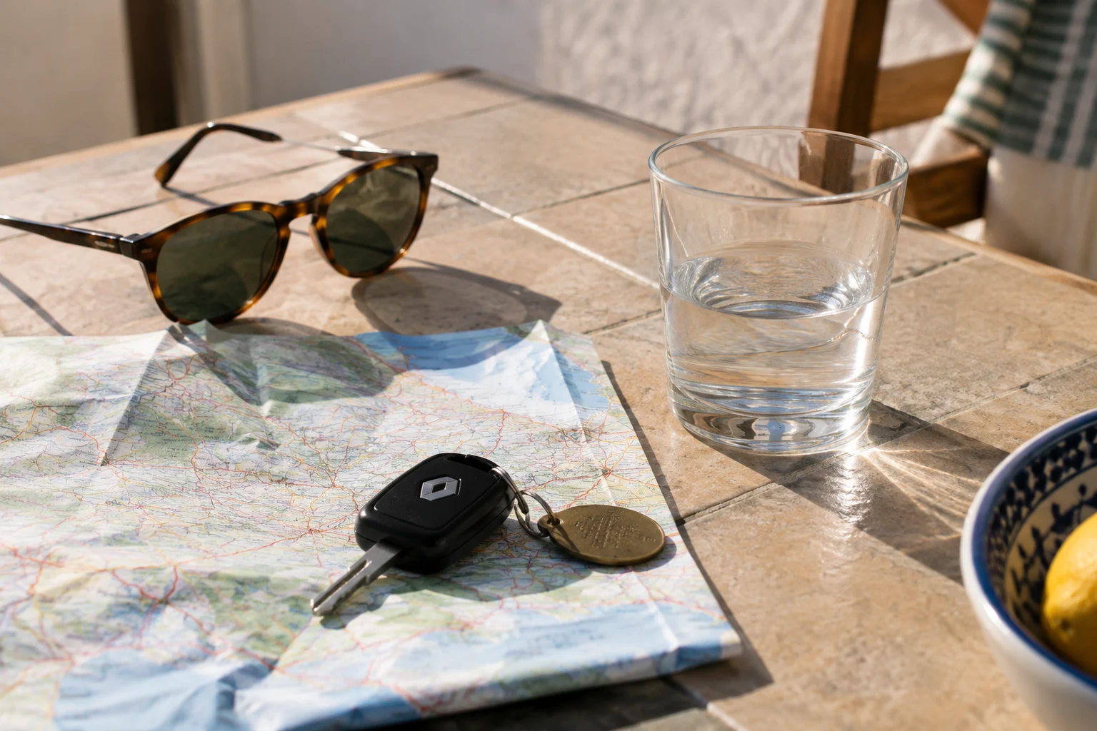 Ein Autoschlüssel liegt neben einer Karte und einer Sonnenbrille.