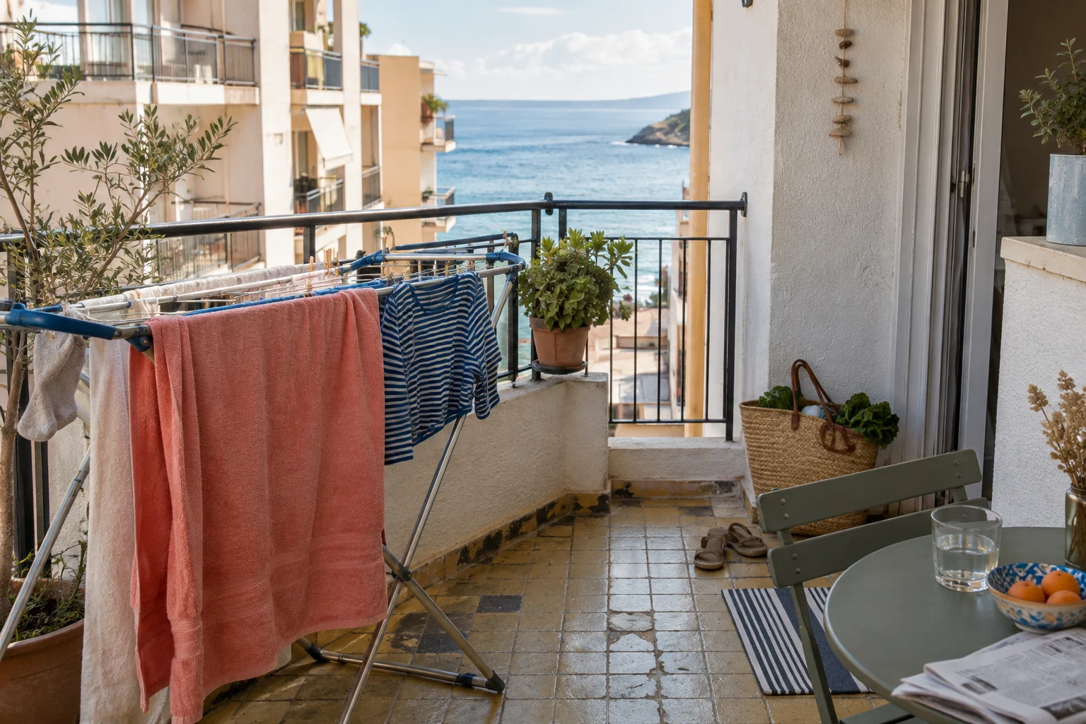 Wäsche trocknet auf einem Balkon mit Blick zwischen Küstenhäusern.