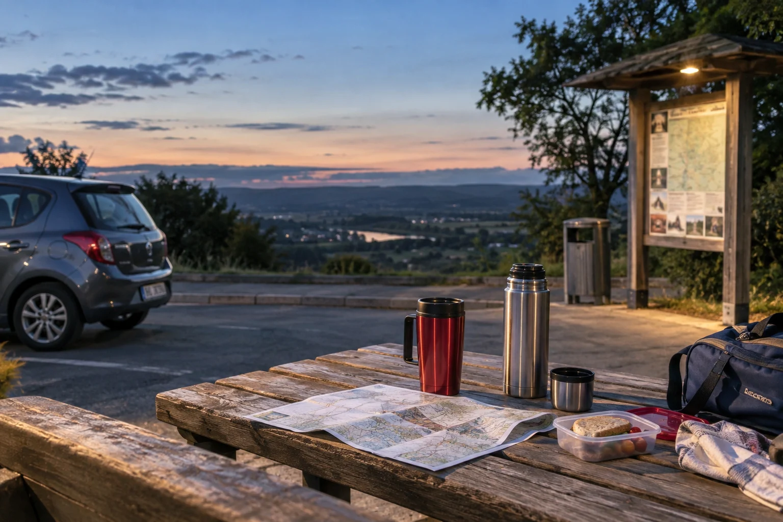 Ein geparktes Auto und eine Thermosflasche am Rastplatz.