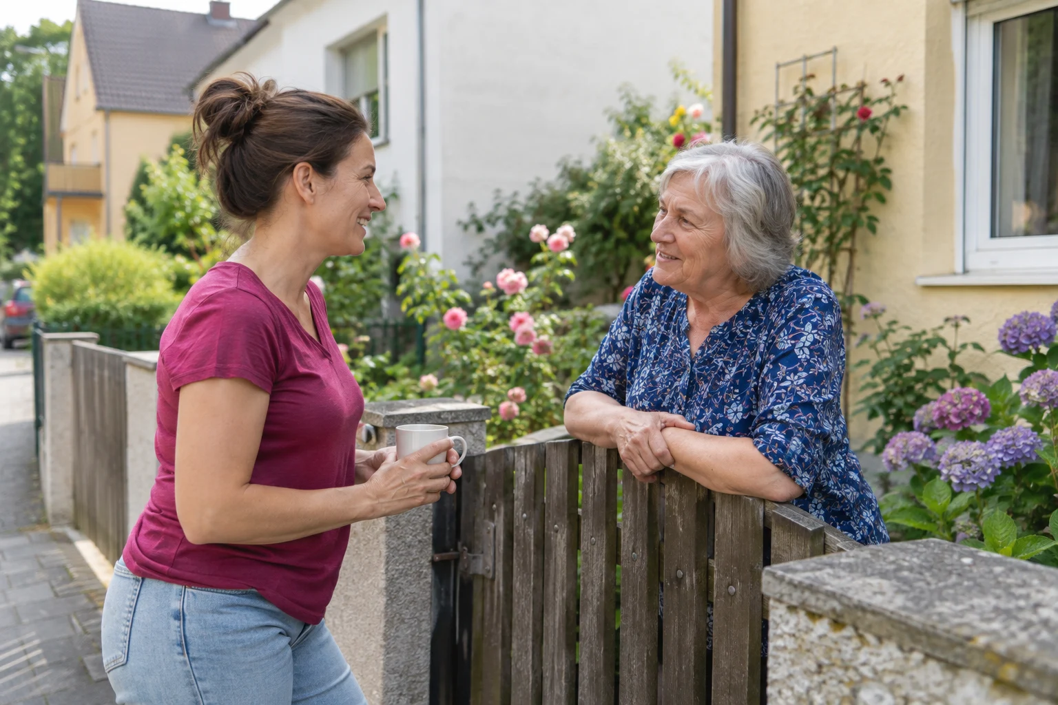 Erwachsene Tochter und Mutter treffen sich im Garten.