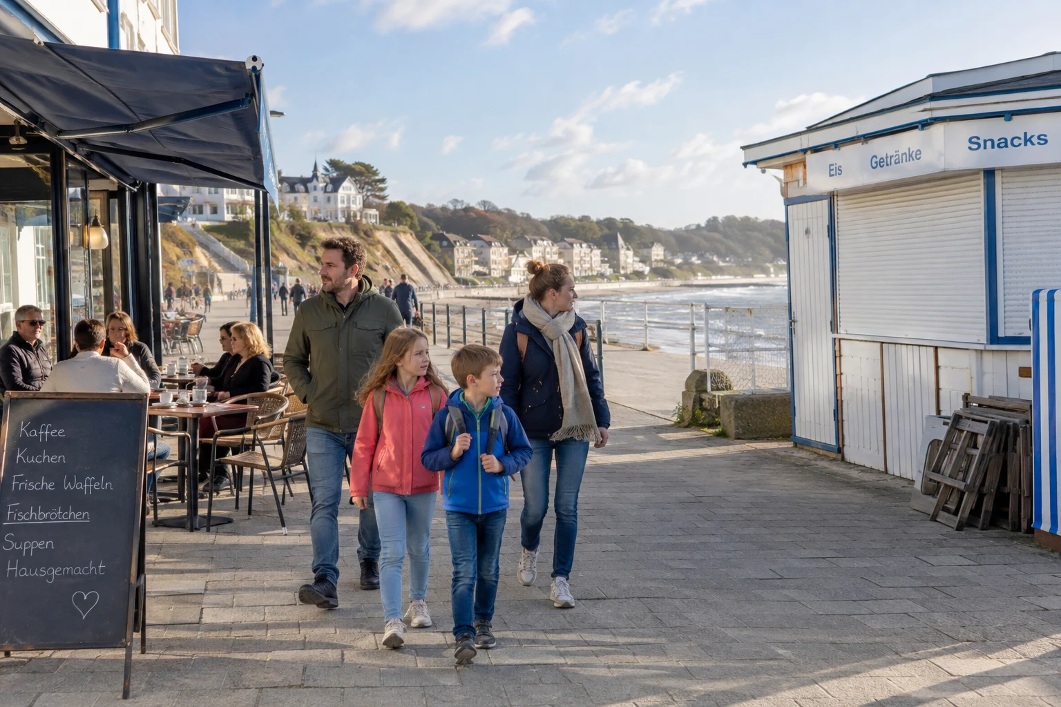 Eine Familie verbringt einen milden Herbsttag am Meer.