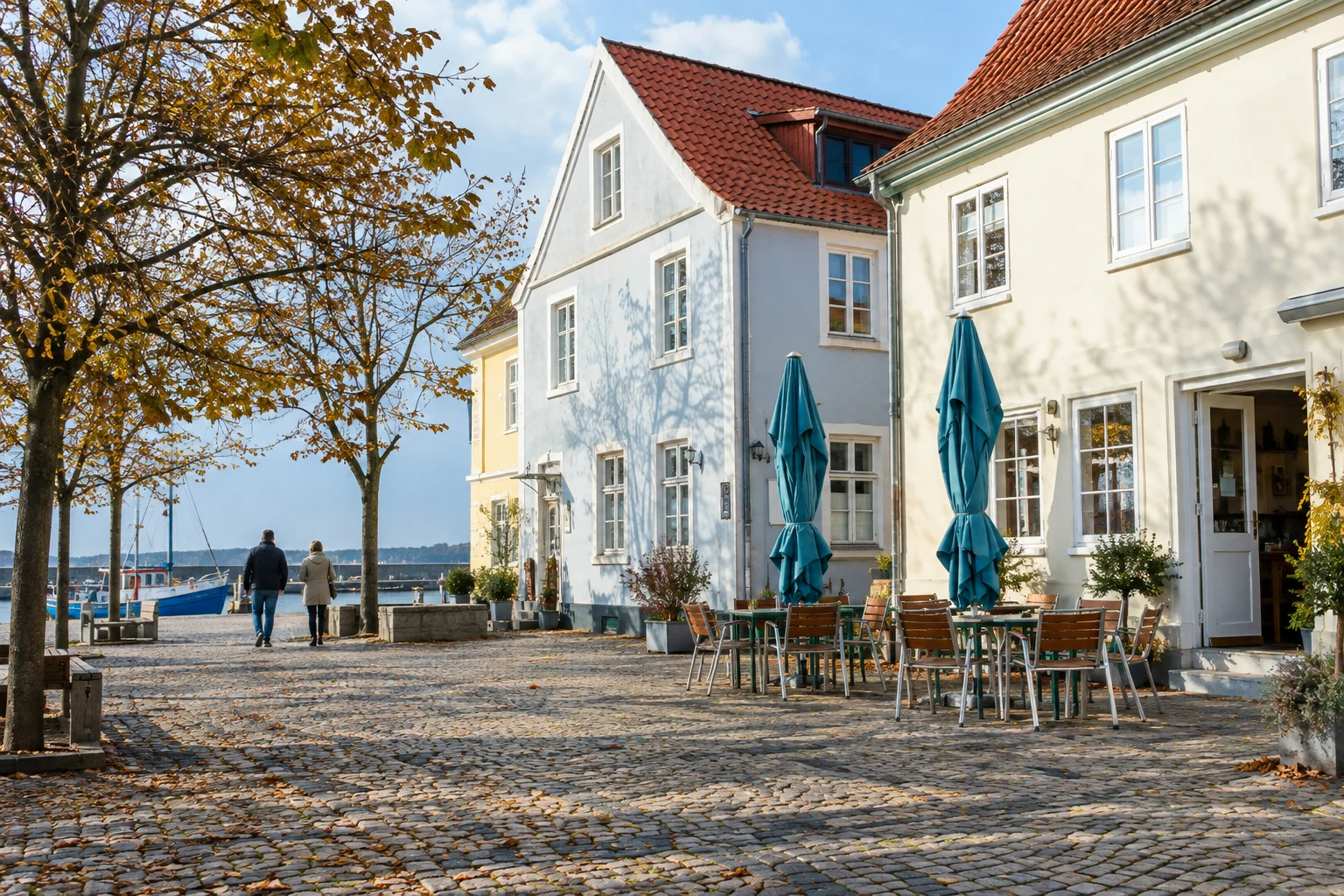 Geschlossene Sonnenschirme und ein geöffnetes Café in einem ruhigen Küstenort.