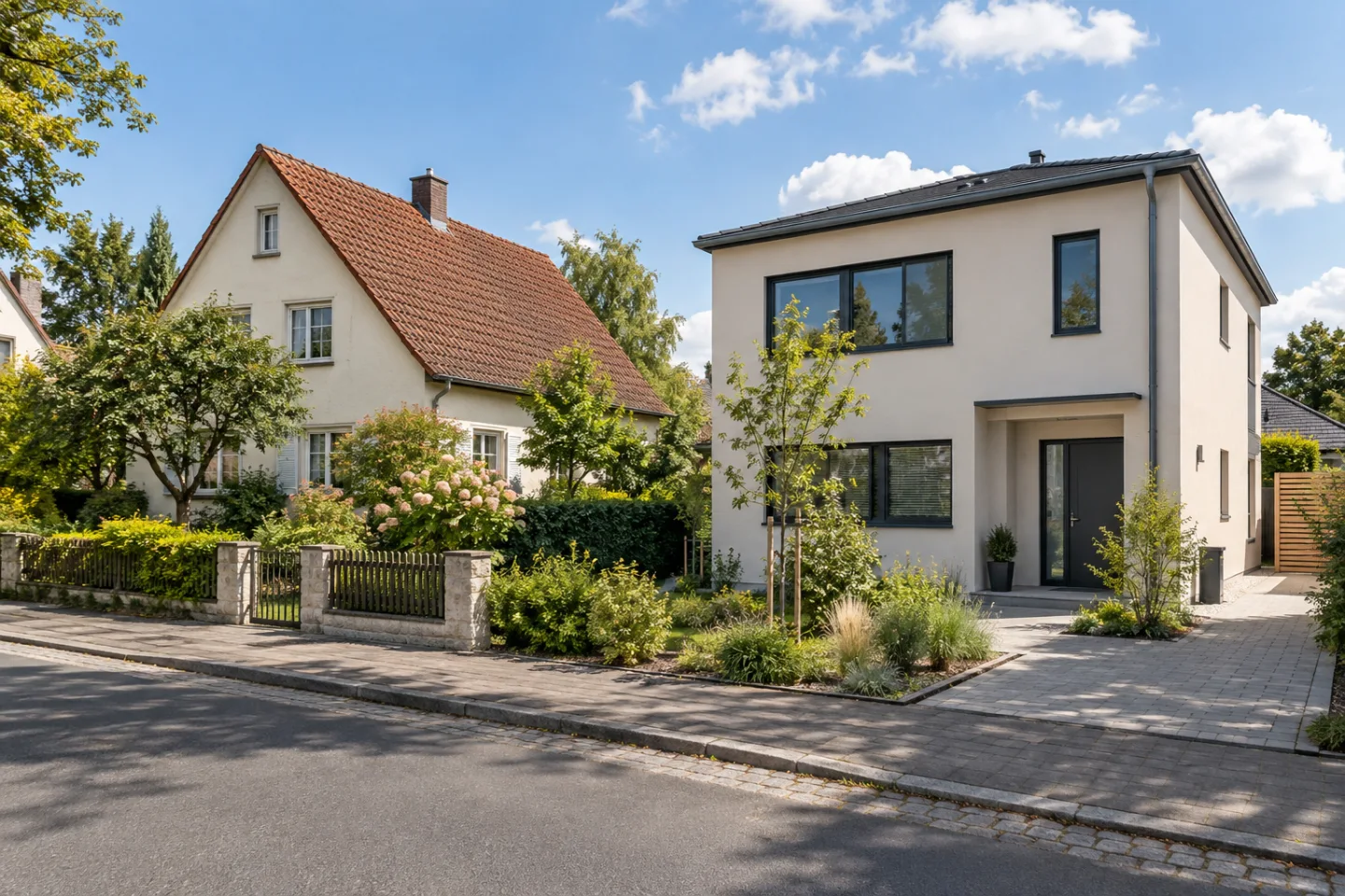 Ein älteres Haus mit Ziegeldach und ein modernes Haus nebeneinander in einer ruhigen Wohnstraße.