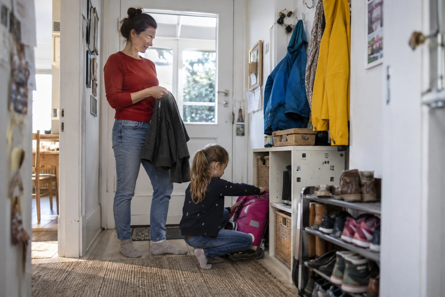 Eine Familie nutzt den Eingangsbereich ihrer Wohnung.