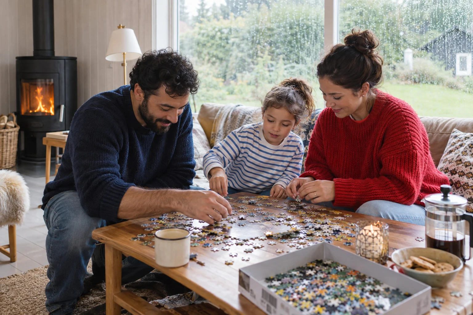 Eine Familie spielt im Ferienhaus, während es draußen regnet.