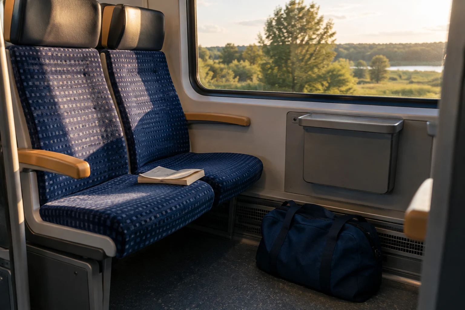 Eine Reisetasche steht vor einem Zugfenster im Abendlicht.