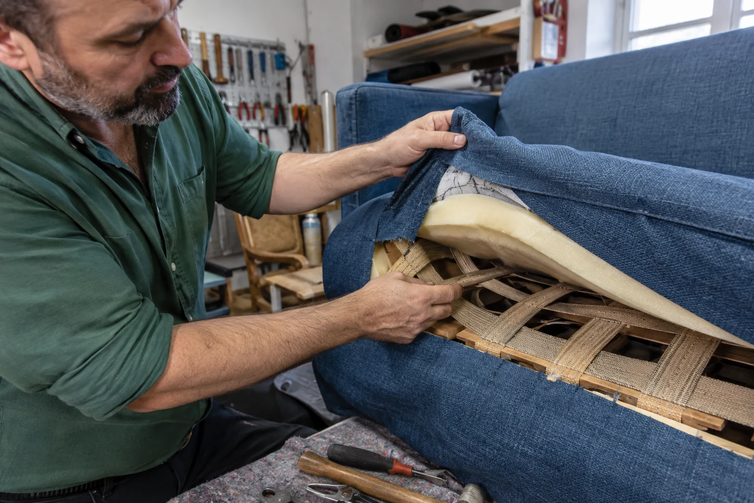 Ein Polsterer prüft den geöffneten Bezug eines Sofas.