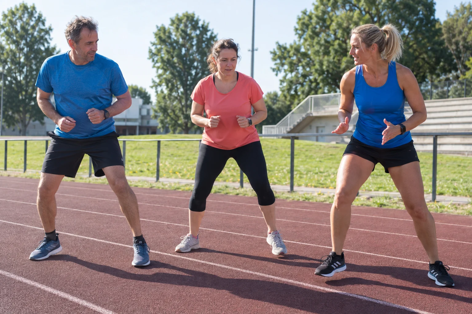 Zwei Erwachsene üben auf einem Sportplatz mit einer Trainerin.