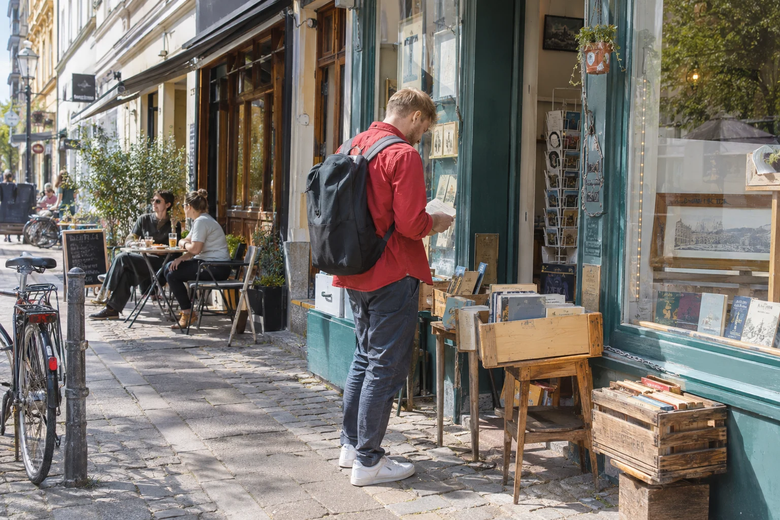 Ein Reisender entdeckt ein Café in einer städtischen Seitenstraße.
