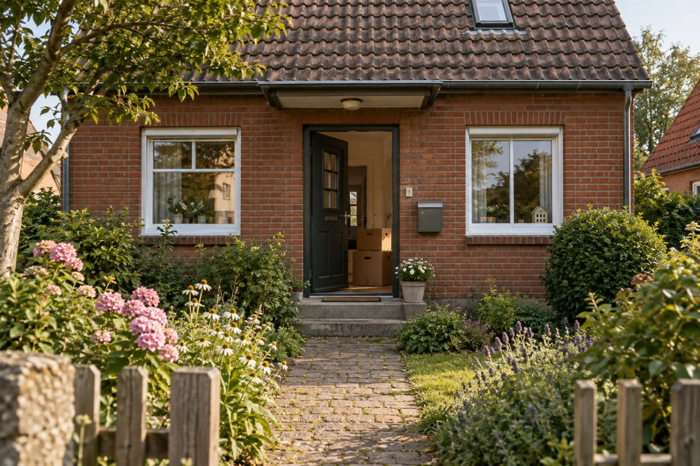 Ein Backsteinhaus mit offen stehender Haustür und Umzugskartons im Eingangsbereich.
