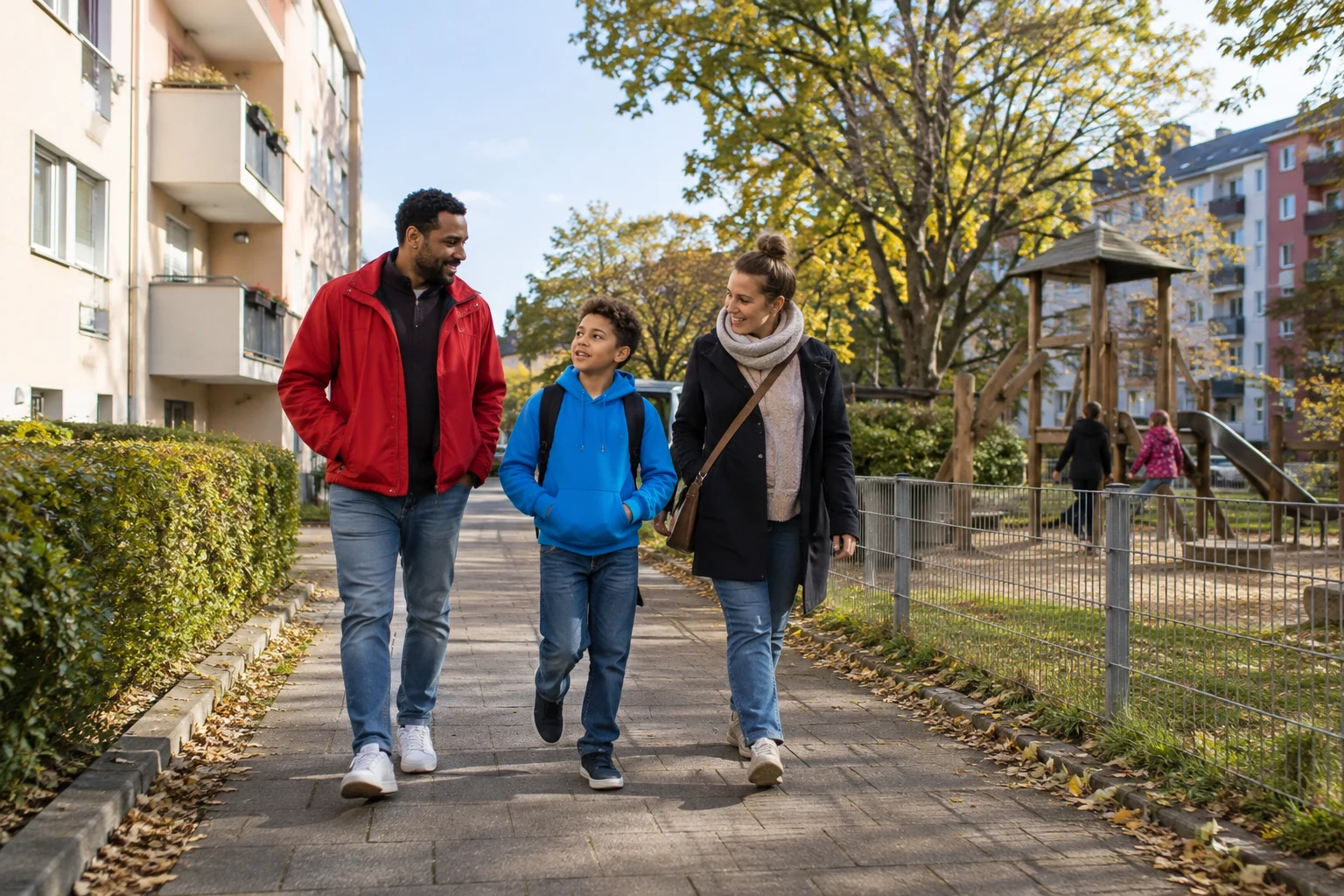 Eltern und Kind erkunden ihr mögliches neues Wohnumfeld.