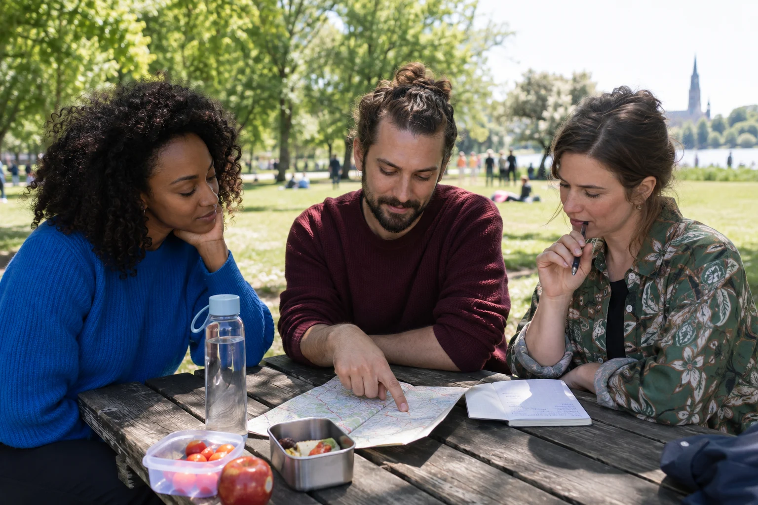 Freunde besprechen ihre Reiseplanung bei einem Picknick.