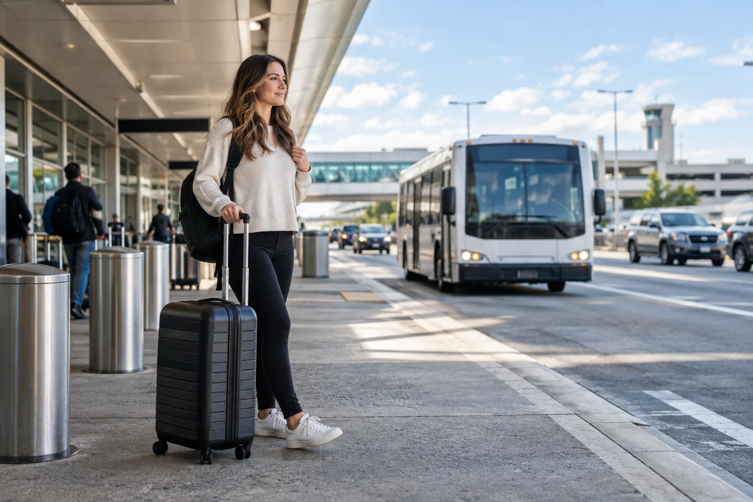 A traveler waits with a suitcase near an airport shuttle pickup.