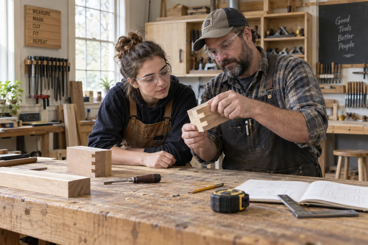 Two adults wearing safety glasses examine a wooden joint in a workshop.