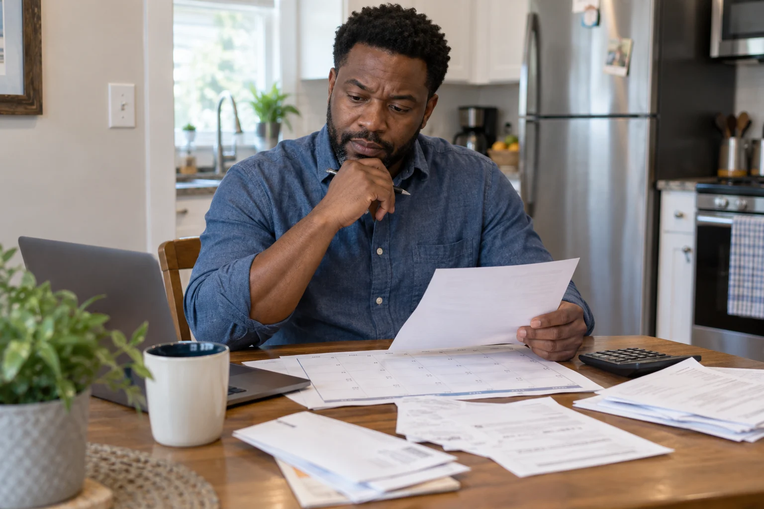 A man reviews household paperwork at a kitchen table.