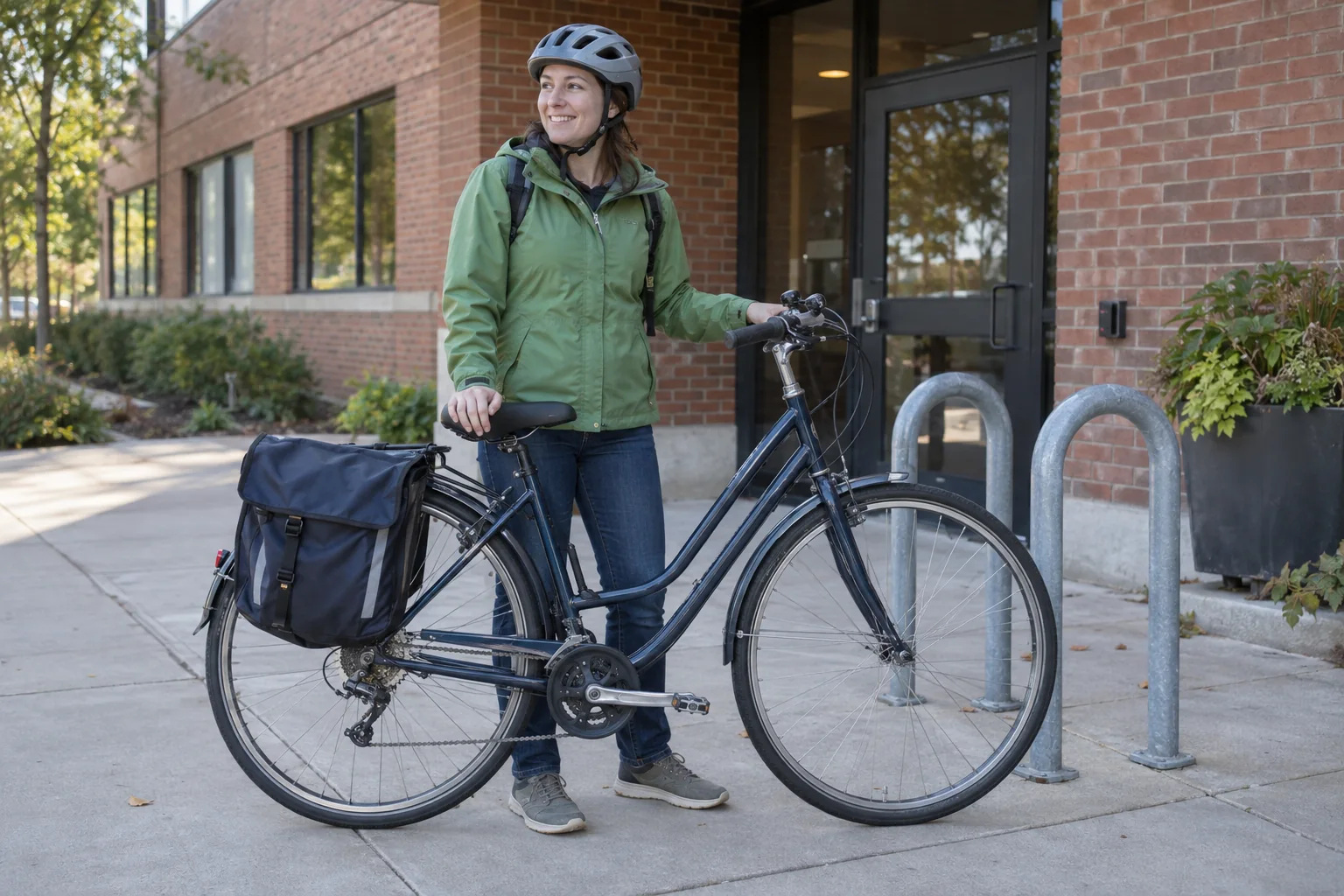 A helmeted woman stands beside a city bicycle with a pannier near a brick building.