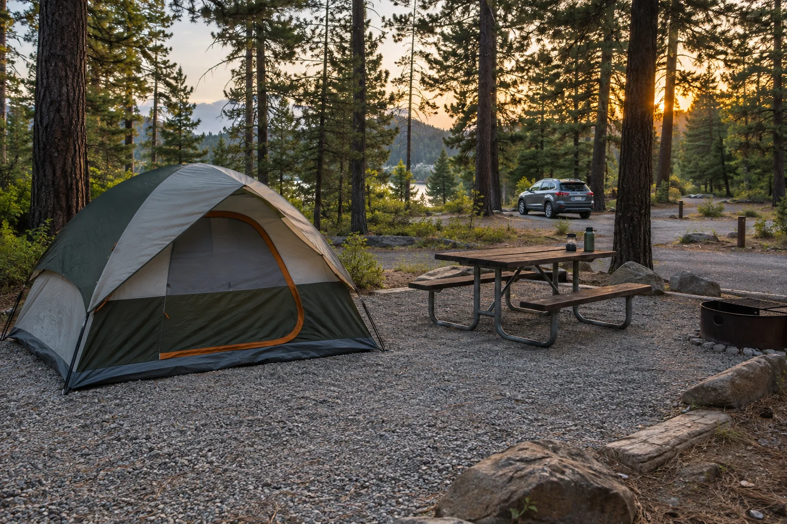 A tent and picnic table at a forest campsite with a car nearby.