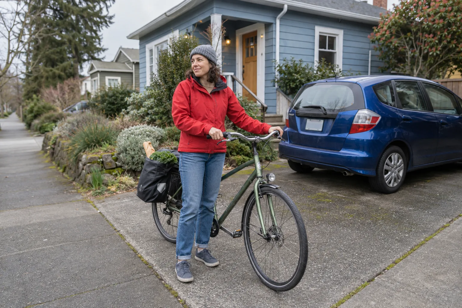 A person with a bicycle and grocery bag beside a blue car in a residential driveway.