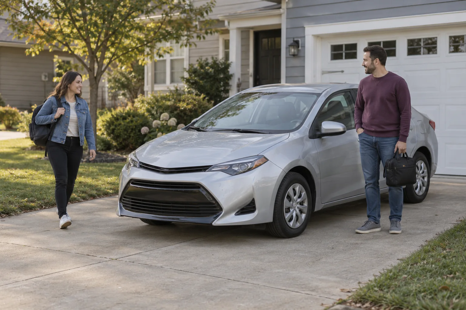 Two adults with work bags stand near a parked silver sedan in a residential driveway.