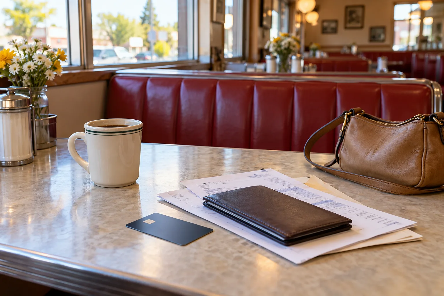 A checkbook, a face-down bank card, and papers on a diner table beside a coffee cup.