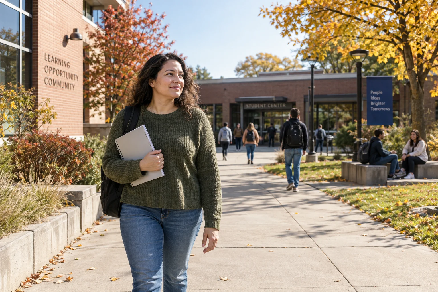 An adult learner walks along a campus path carrying a notebook.