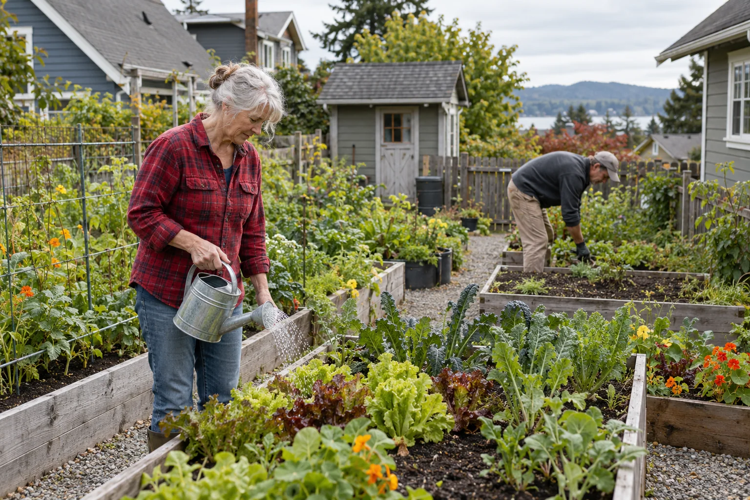 Two adults tend vegetables in raised beds along gravel paths in a community garden.