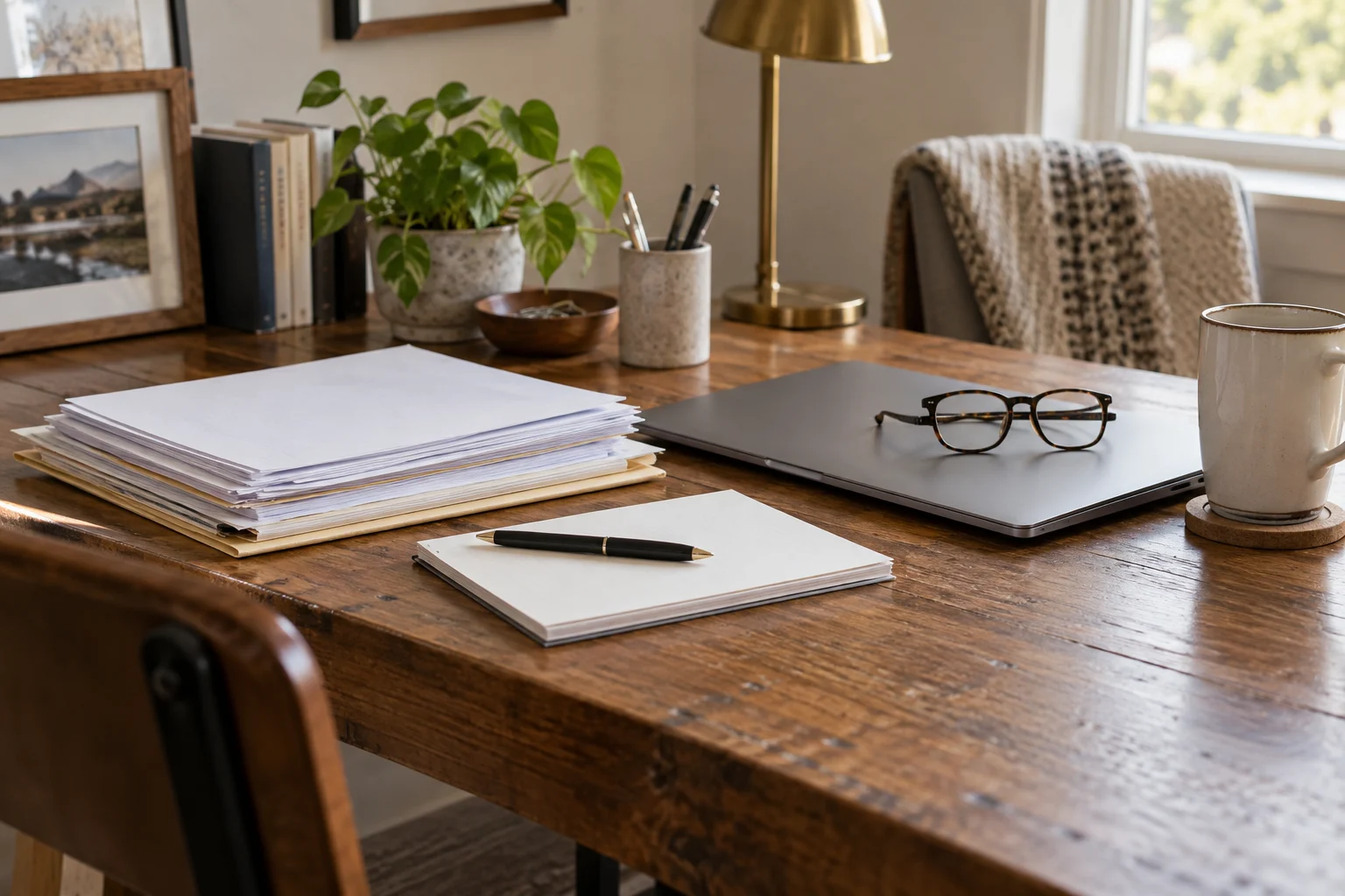 Paperwork, glasses, and a closed laptop on a wooden desk.