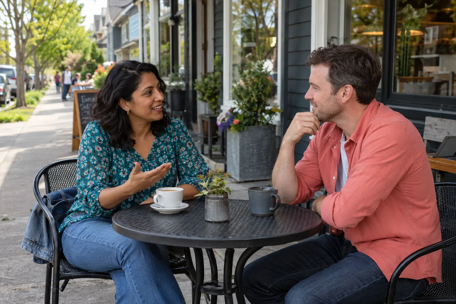 Two adults talk over coffee at an outdoor neighborhood café table.